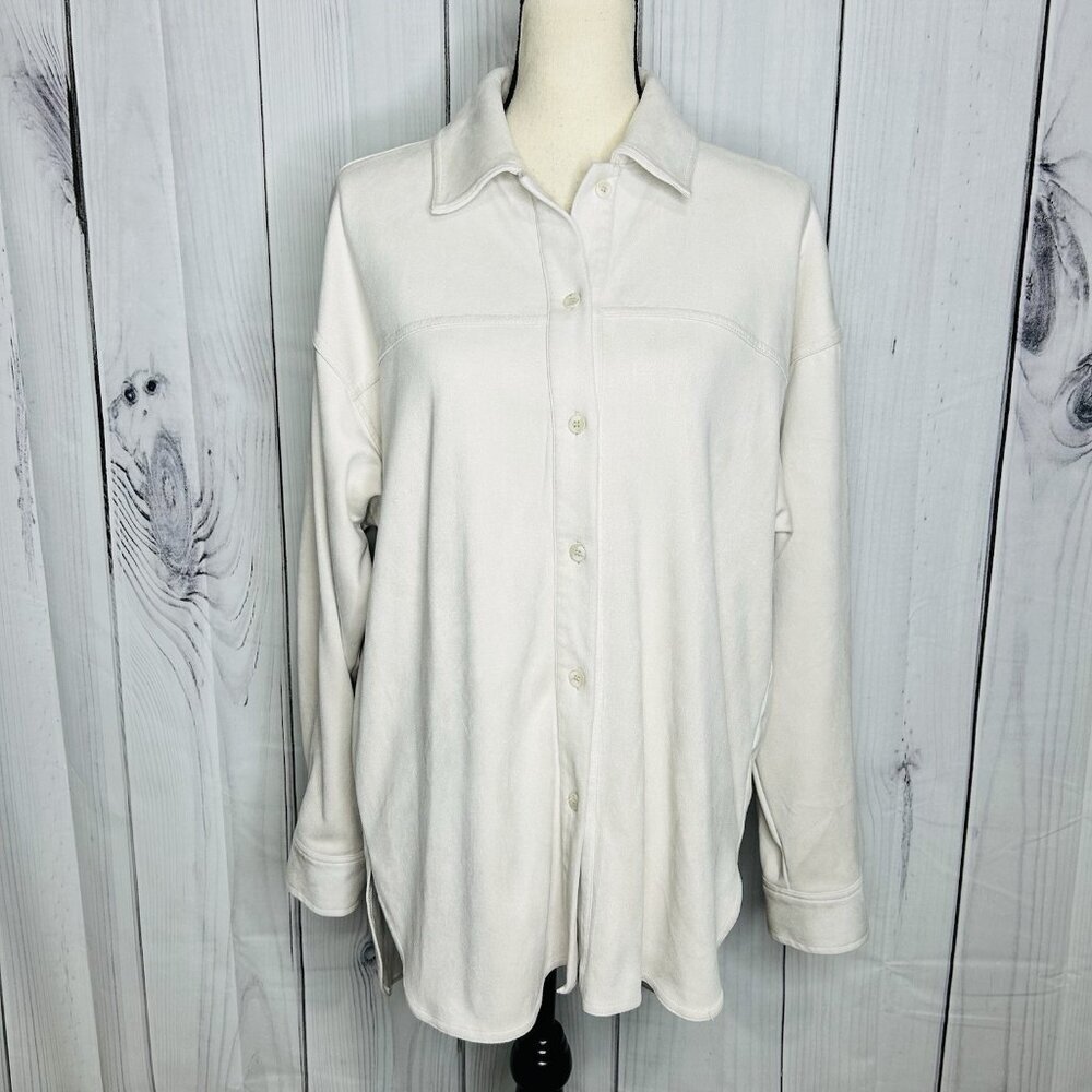 For The Republic Shirt Jacket Womens Sz M Pale Tan Button Front Faux Suede Soft